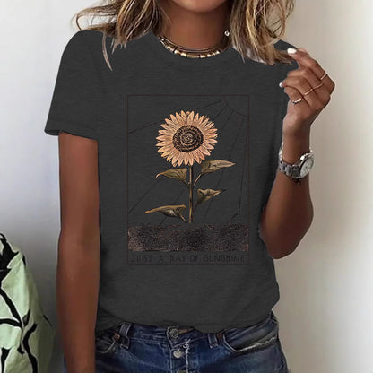 Black women's sunflower short sleeve T-shirt back view - Y2K streetwear style | TeenStylo