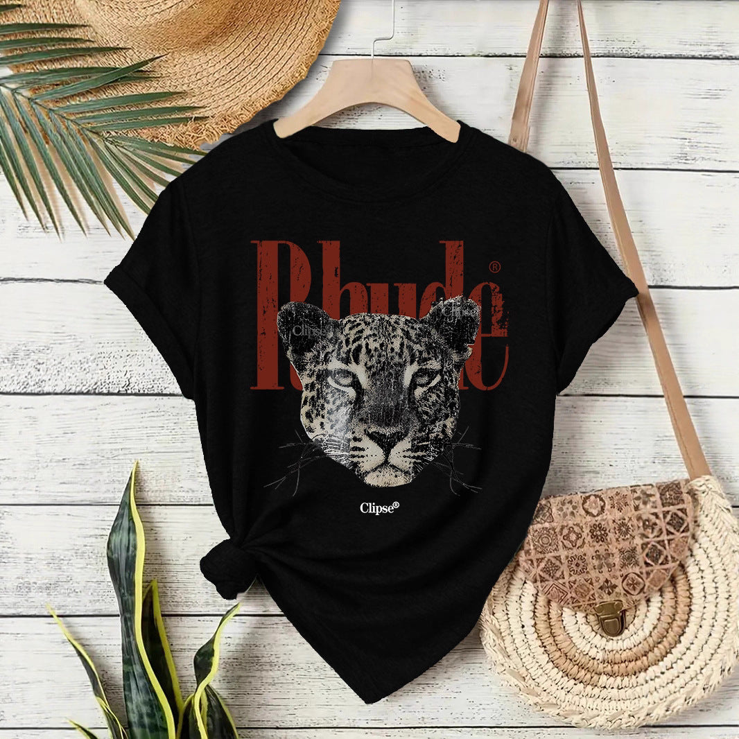 Woman wearing Flower Dark Red Rhude text short sleeve T-shirt in streetwear style - TeenStylo