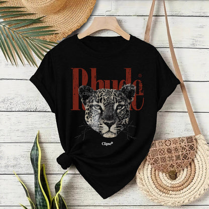 Woman wearing Flower Dark Red Rhude text short sleeve T-shirt in streetwear style - TeenStylo