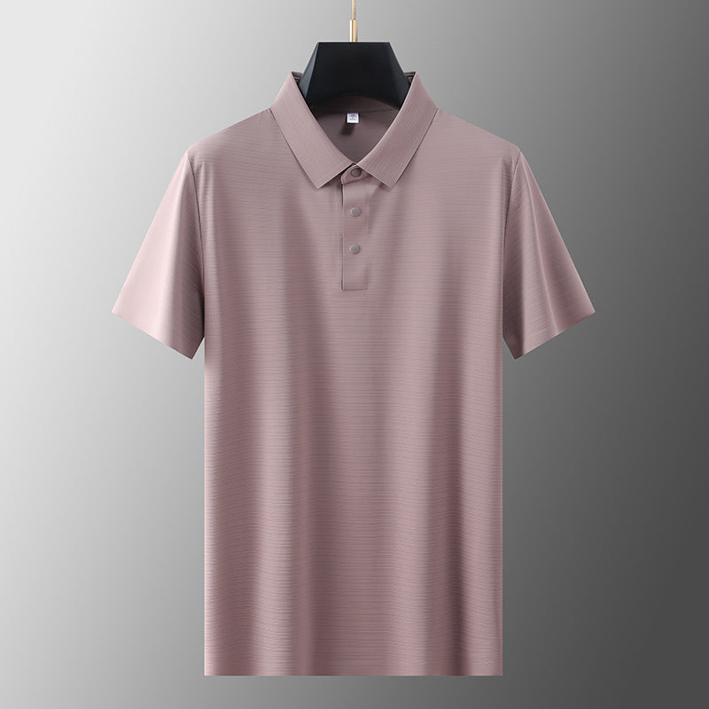 Men's short sleeve polo shirt in lotus root powder pink streetwear style, lifestyle shot - TeenStylo