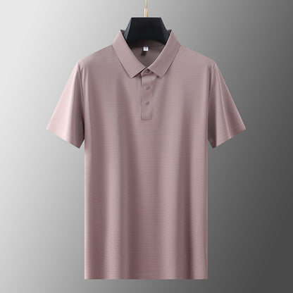 Men's short sleeve polo shirt in lotus root powder pink streetwear style, lifestyle shot - TeenStylo