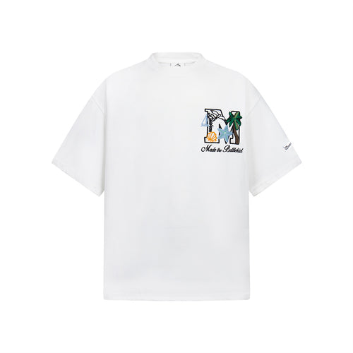 White men's palm tree embroidery short sleeve t-shirt front view, streetwear style | TeenStylo