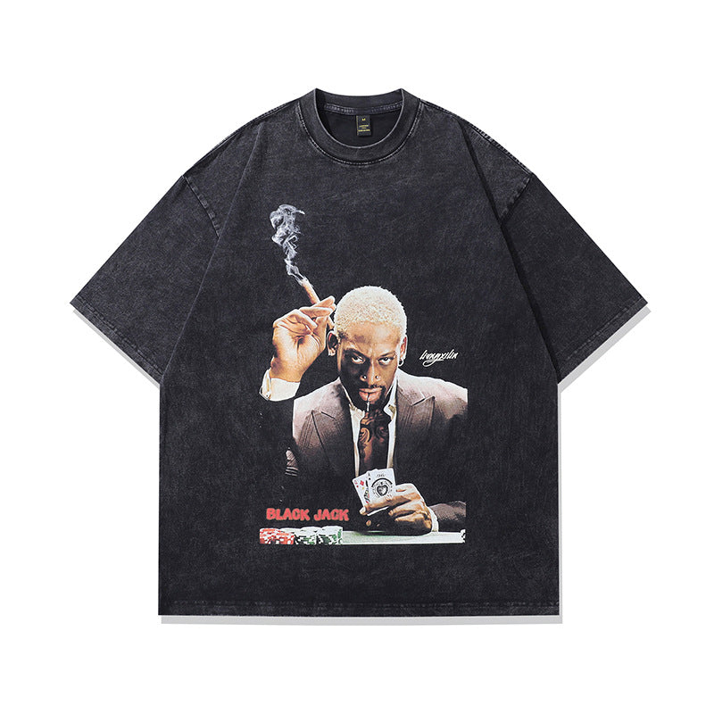 Lifestyle shot of men's American Star Player print street T-shirt in colour 221 short sleeve tee TeenStylo