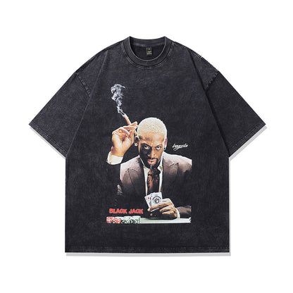 Lifestyle shot of men's American Star Player print street T-shirt in colour 221 short sleeve tee TeenStylo
