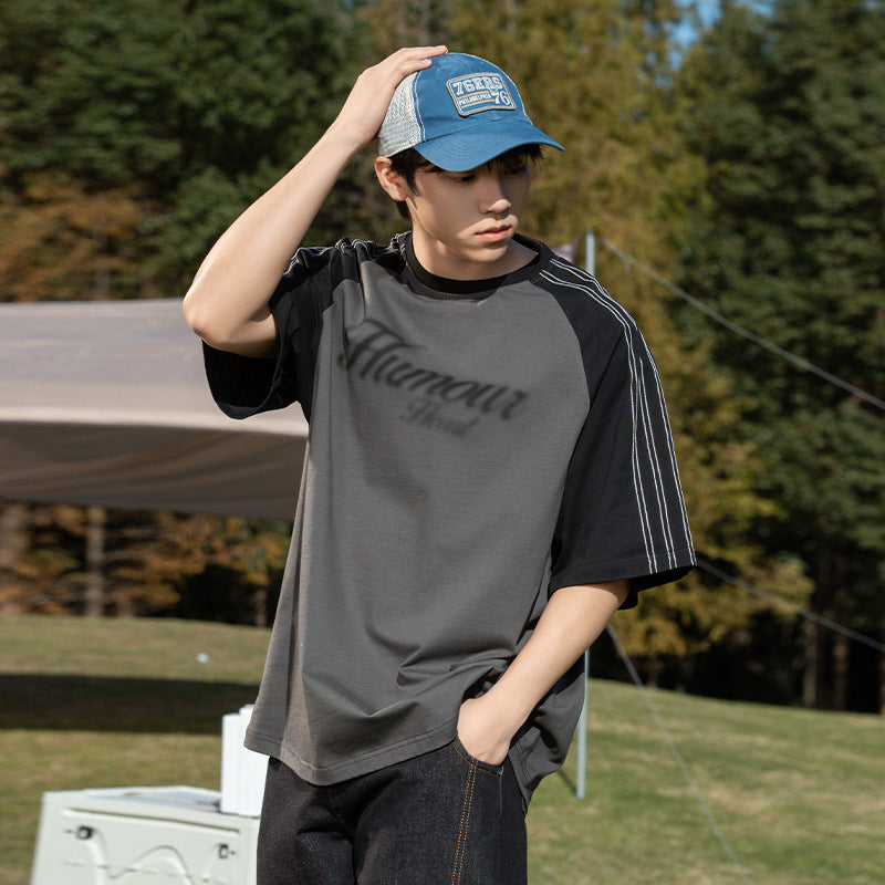Hazy Blue chain shoulder sleeve men's retro short sleeve T-shirt back view - TeenStylo
