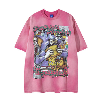Rose red unisex street washed cartoon letter print round neck short sleeve tee lifestyle shot TeenStylo