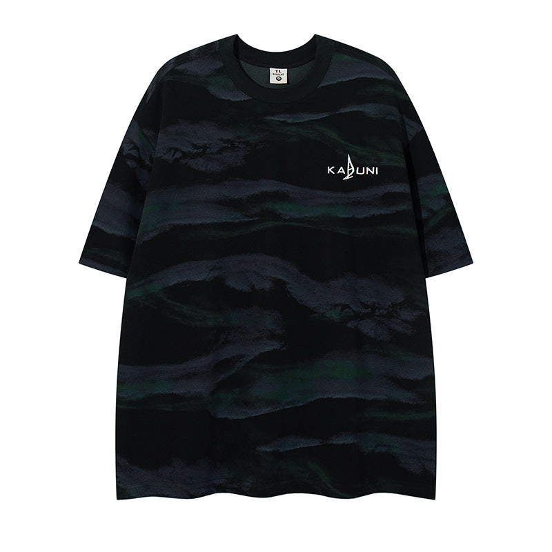 Black unisex letter embroidery short sleeve t-shirt in special material, front view | TeenStylo