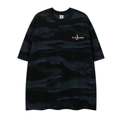 Black unisex letter embroidery short sleeve t-shirt in special material, front view | TeenStylo