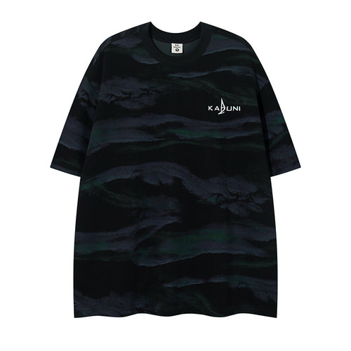 Black unisex letter embroidery short sleeve t-shirt in special material, front view | TeenStylo