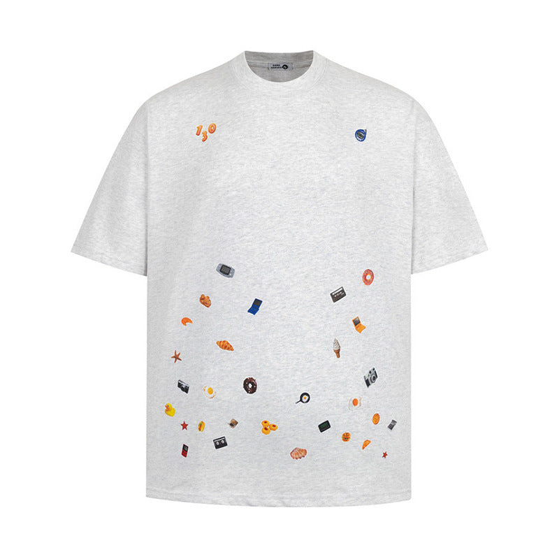 White cartoon sticker print short sleeve t-shirt for men front view - TeenStylo