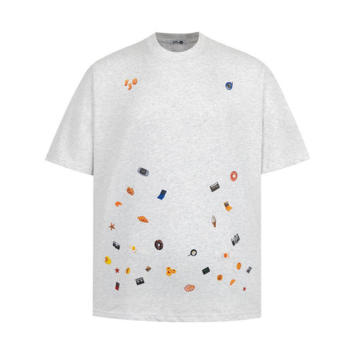 White cartoon sticker print short sleeve t-shirt for men front view - TeenStylo