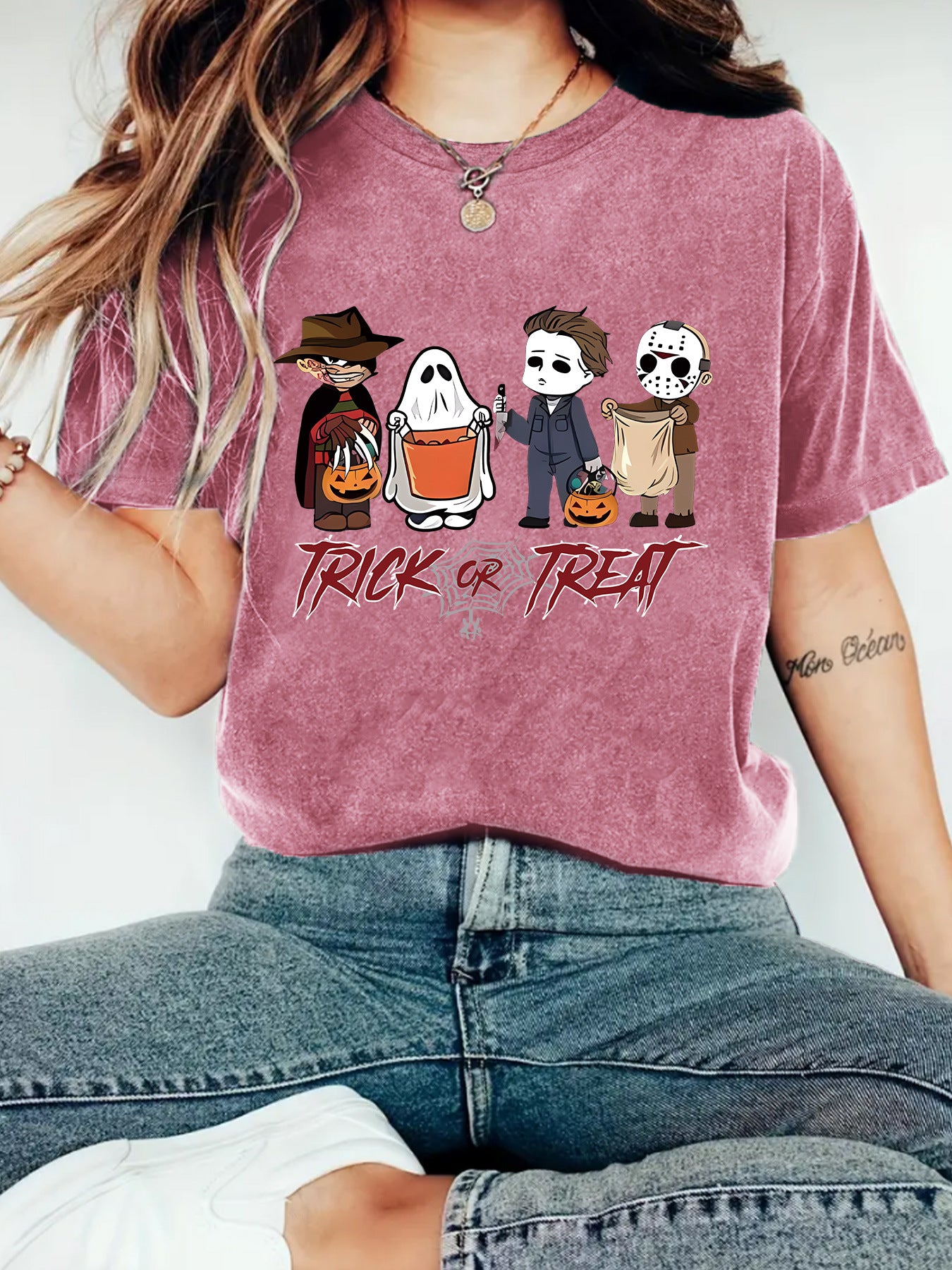 Dark red women's funny character print short sleeve T-shirt lifestyle shot | TeenStylo
