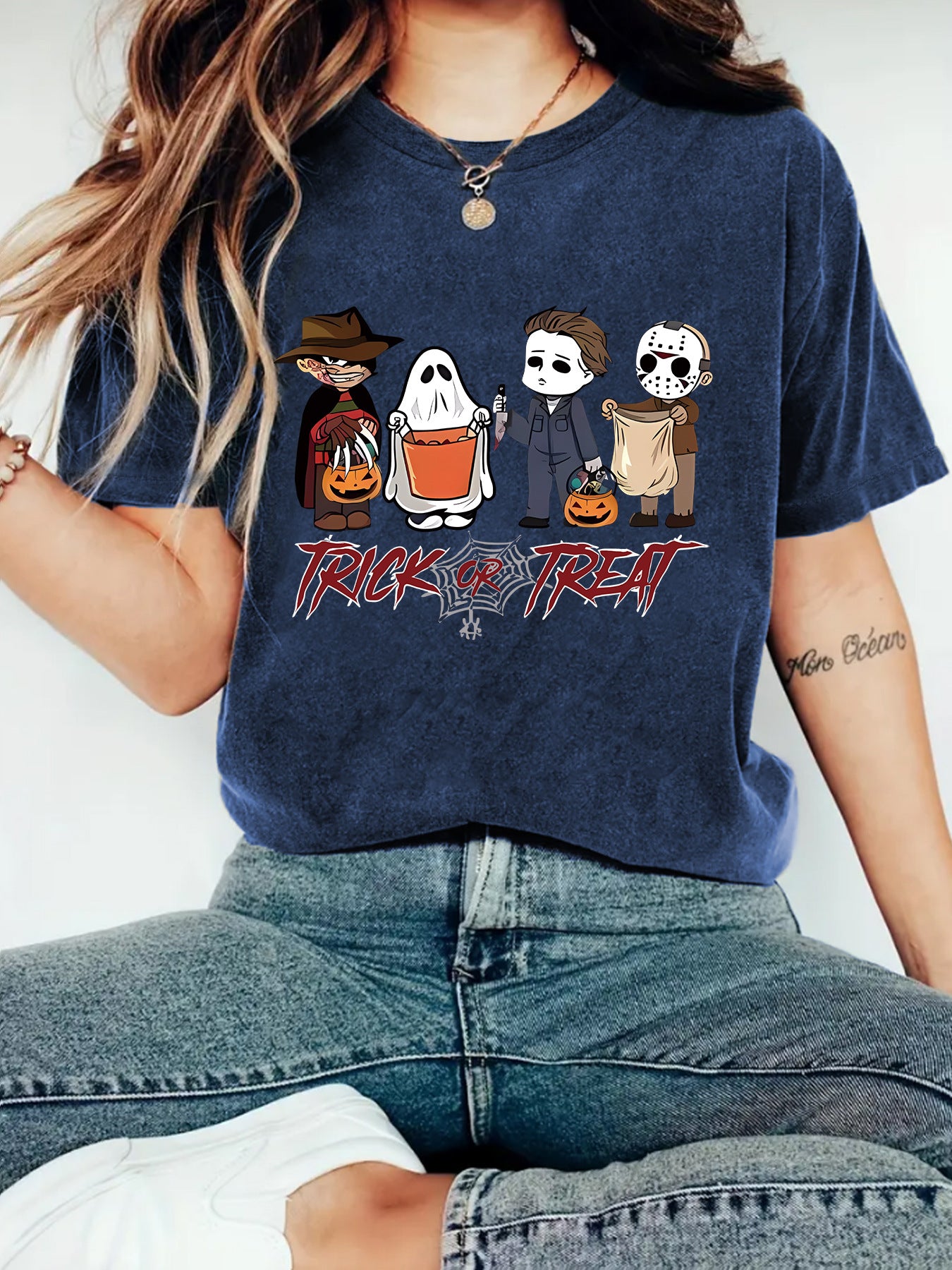Royal blue unisex funny character print short sleeve T-shirt lifestyle shot - TeenStylo