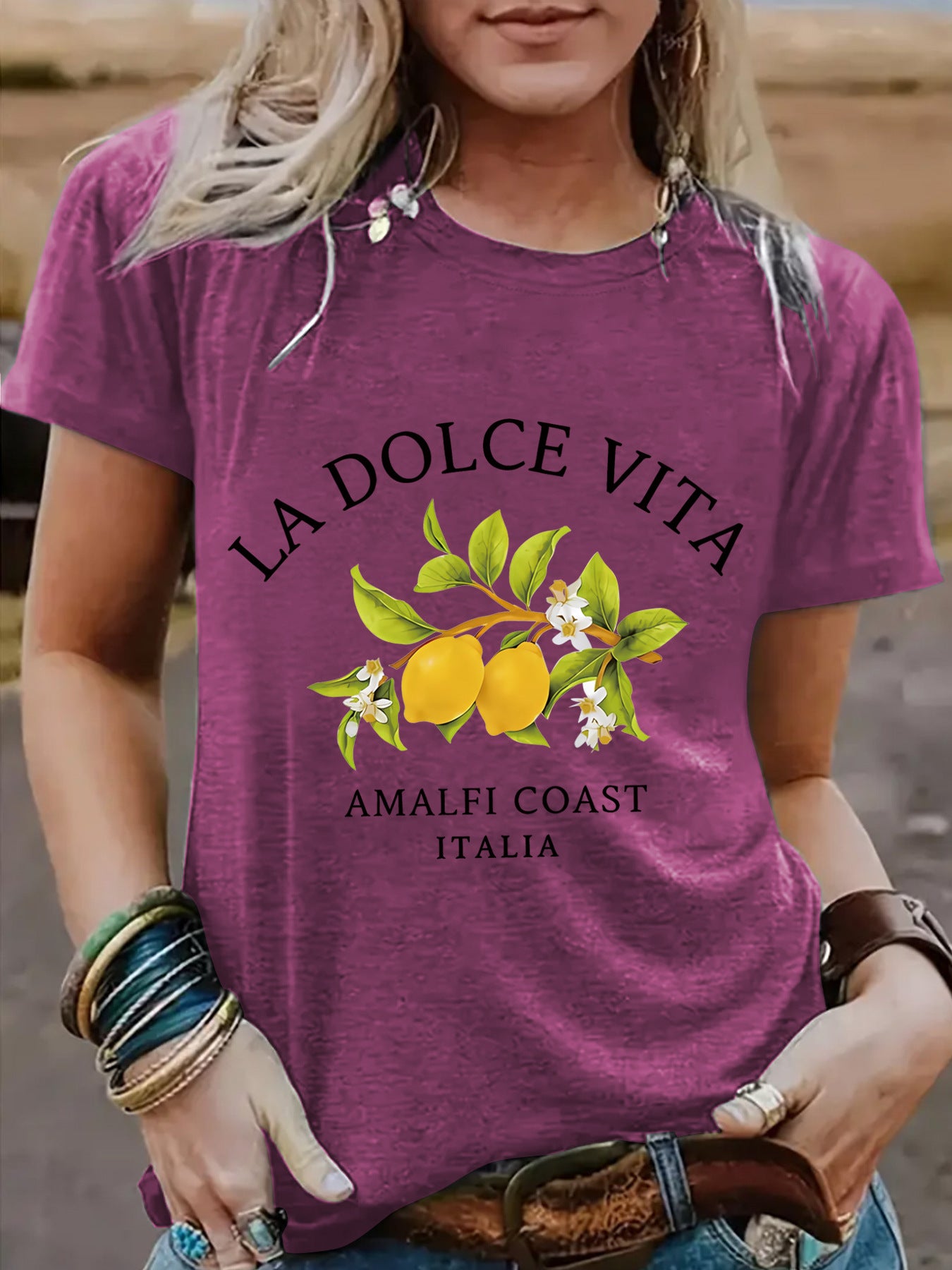 Dark red floral LA DOLCE VITA lemon unisex t-shirt lifestyle shot TeenStylo