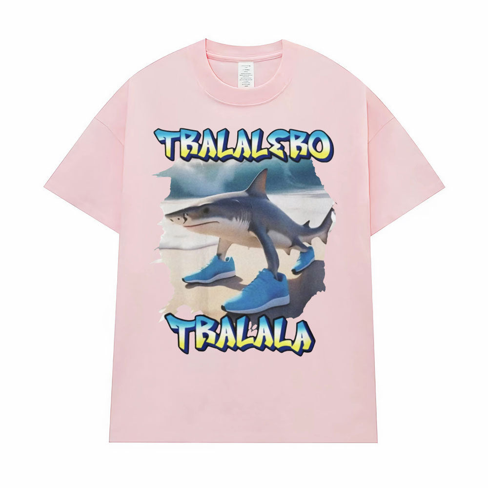 Pink Tralalero Tralala funny running shark meme graphic tee shirt for men lifestyle shot TeenStylo