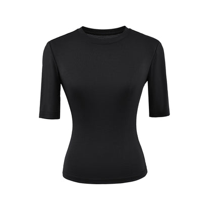 Black women's round neck mid sleeve T-shirt lifestyle look – Y2K streetwear style | TeenStylo