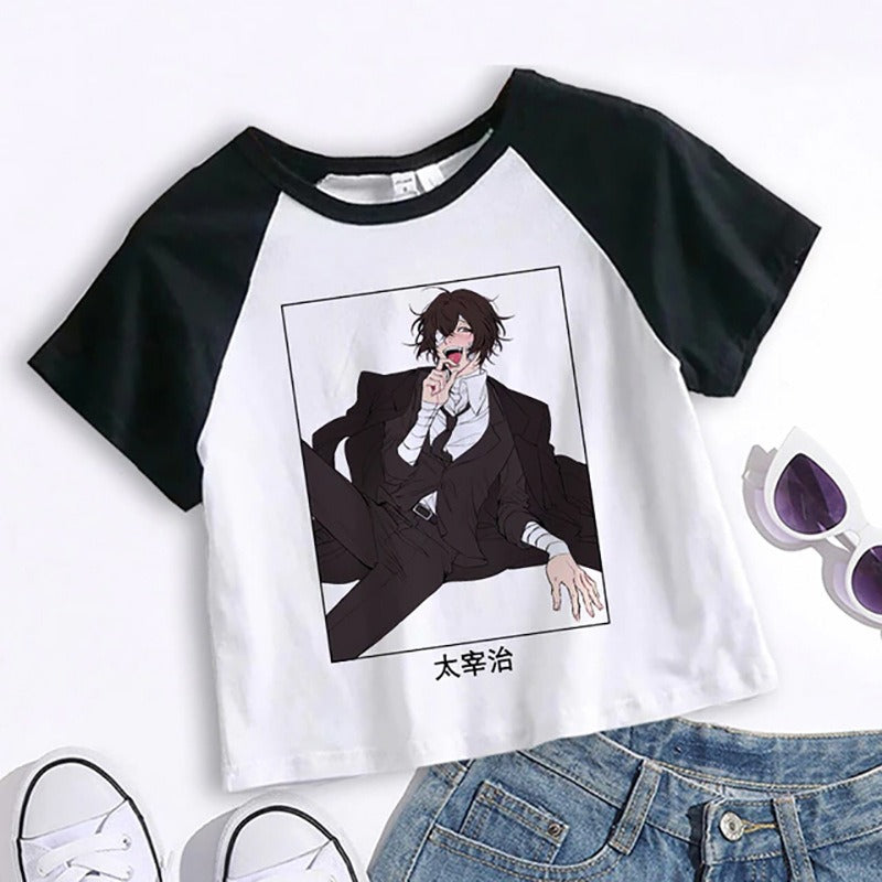 Unisex white anime Bungou Stray Dogs Chuuya crop top cartoon T-shirt lifestyle shot TeenStylo