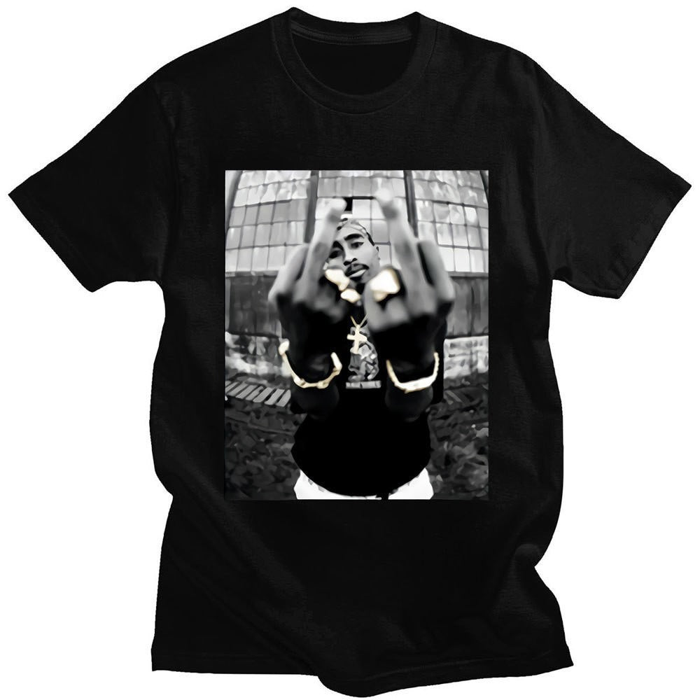 Close-up detail of black Tupac 2Pac graphic print on unisex milk silk streetwear tee | TeenStylo