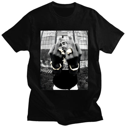 Close-up detail of black Tupac 2Pac graphic print on unisex milk silk streetwear tee | TeenStylo