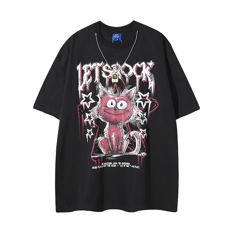 Black streetwear t-shirt with cartoon cat graffiti letter print, lifestyle shot - TeenStylo