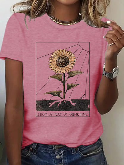 Dark red women's short sleeve sunflower T-shirt lifestyle style at TeenStylo
