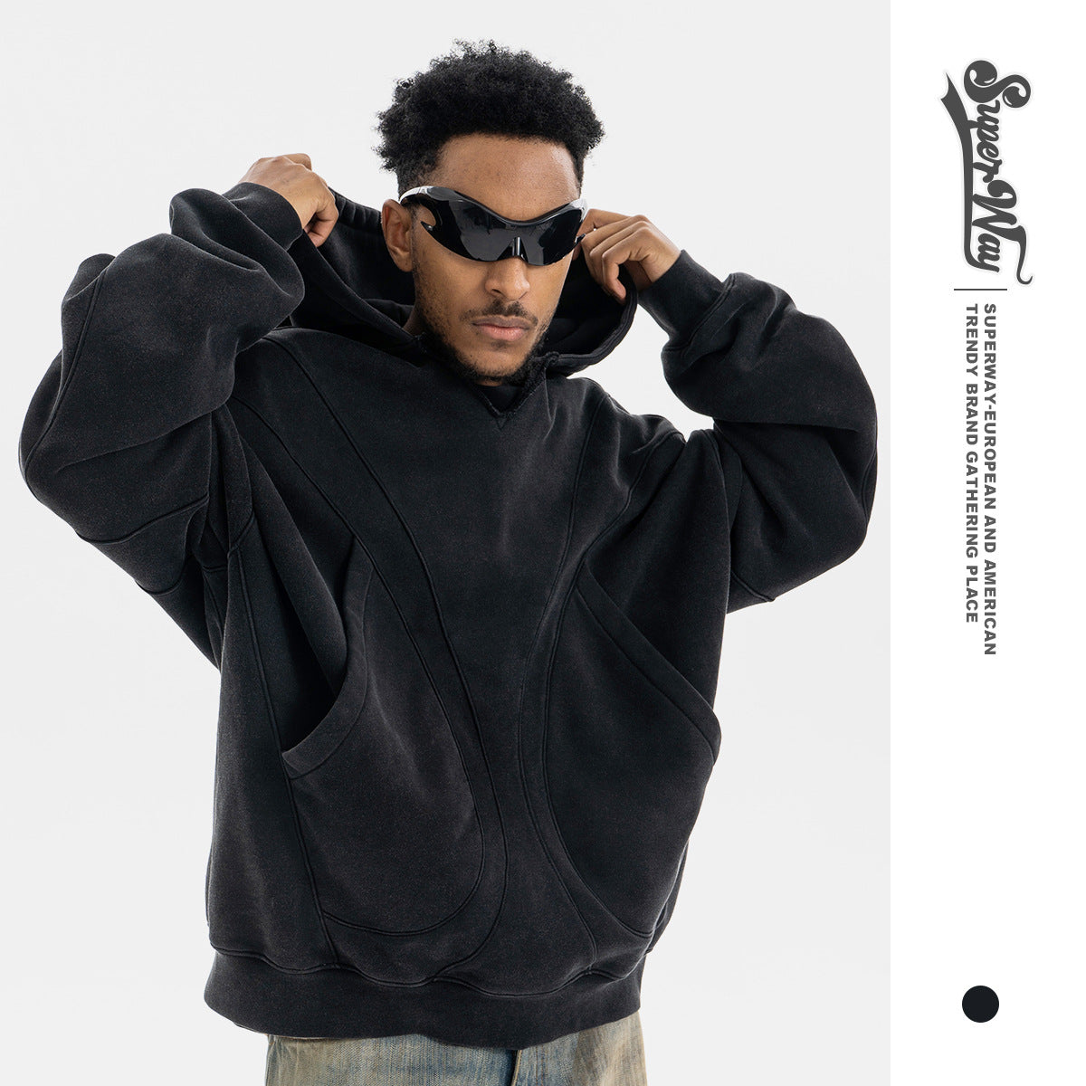 Black men's deconstructed patchwork oversized hoodie front view streetwear style TeenStylo