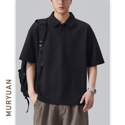 Apricot jacquard texture close-up detail on men's short sleeve T-shirt top - TeenStylo