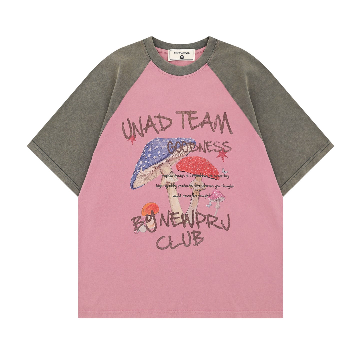 Pink retro color block mushroom letter print short lifestyle look unisex Y2K streetwear style TeenStylo
