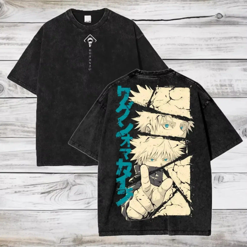 Unisex vintage washed anime print cotton T-shirt in color 8, lifestyle view, Y2K streetwear style – TeenStylo