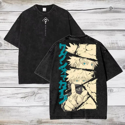 Unisex vintage washed anime print cotton T-shirt in color 8, lifestyle view, Y2K streetwear style – TeenStylo