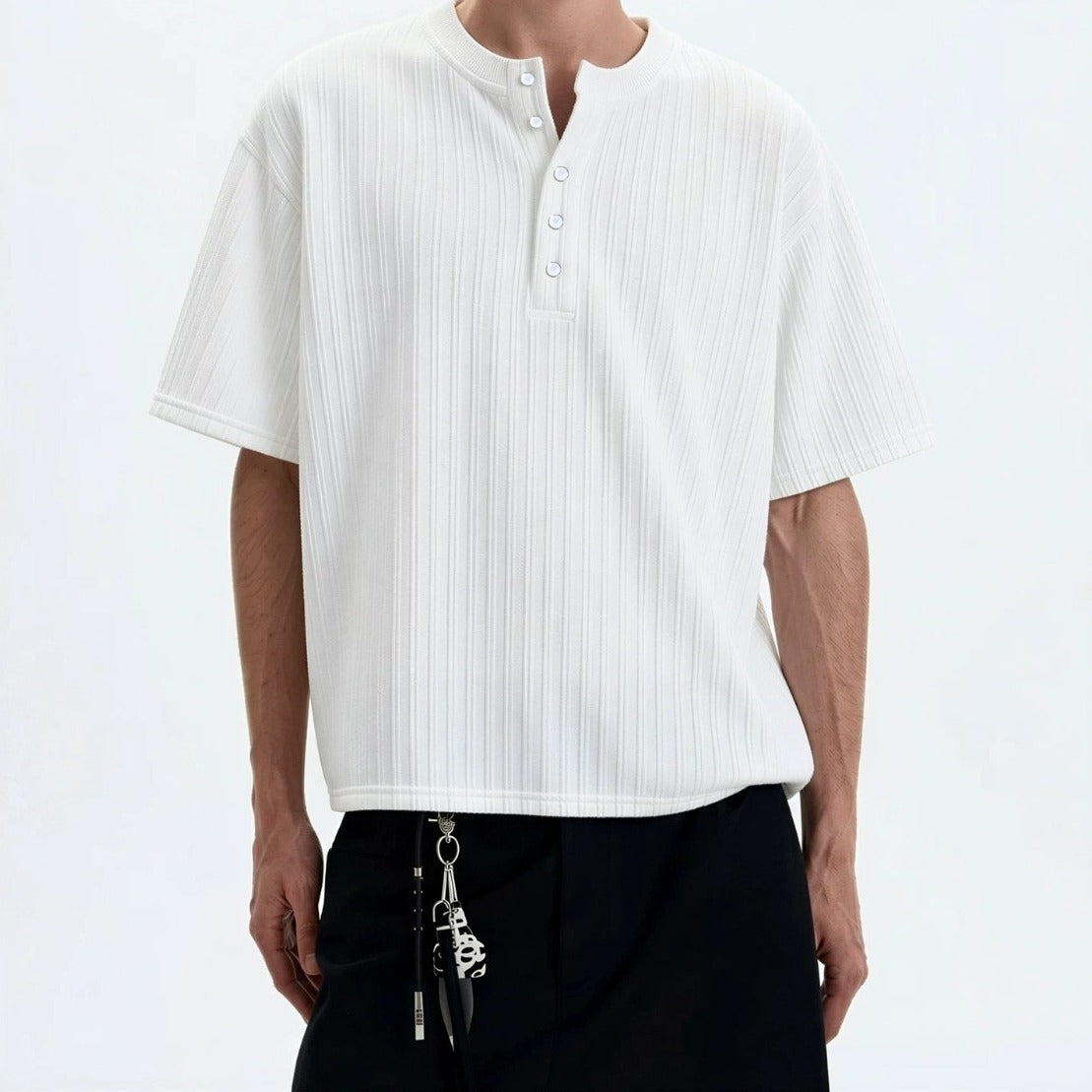White men's retro knitted henley collar short sleeve t-shirt casual streetwear style at TeenStylo