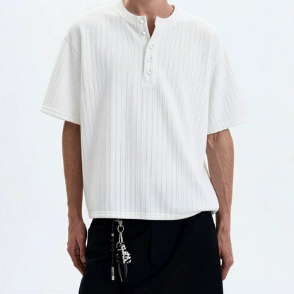 White men's retro knitted henley collar short sleeve t-shirt casual streetwear style at TeenStylo