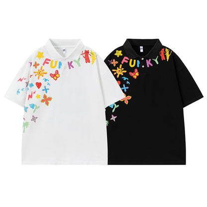 White unisex cartoon graffiti print short with turn-down collar, lifestyle view | TeenStylo