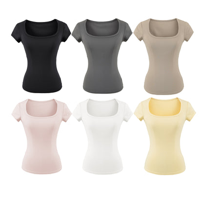 Pink square neck slim fit T-shirt fabric and stitching detail close-up | TeenStylo