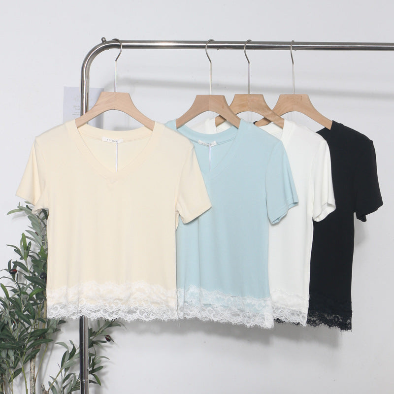 White women's V-neck short sleeve T-shirt back view – casual unisex streetwear style | TeenStylo