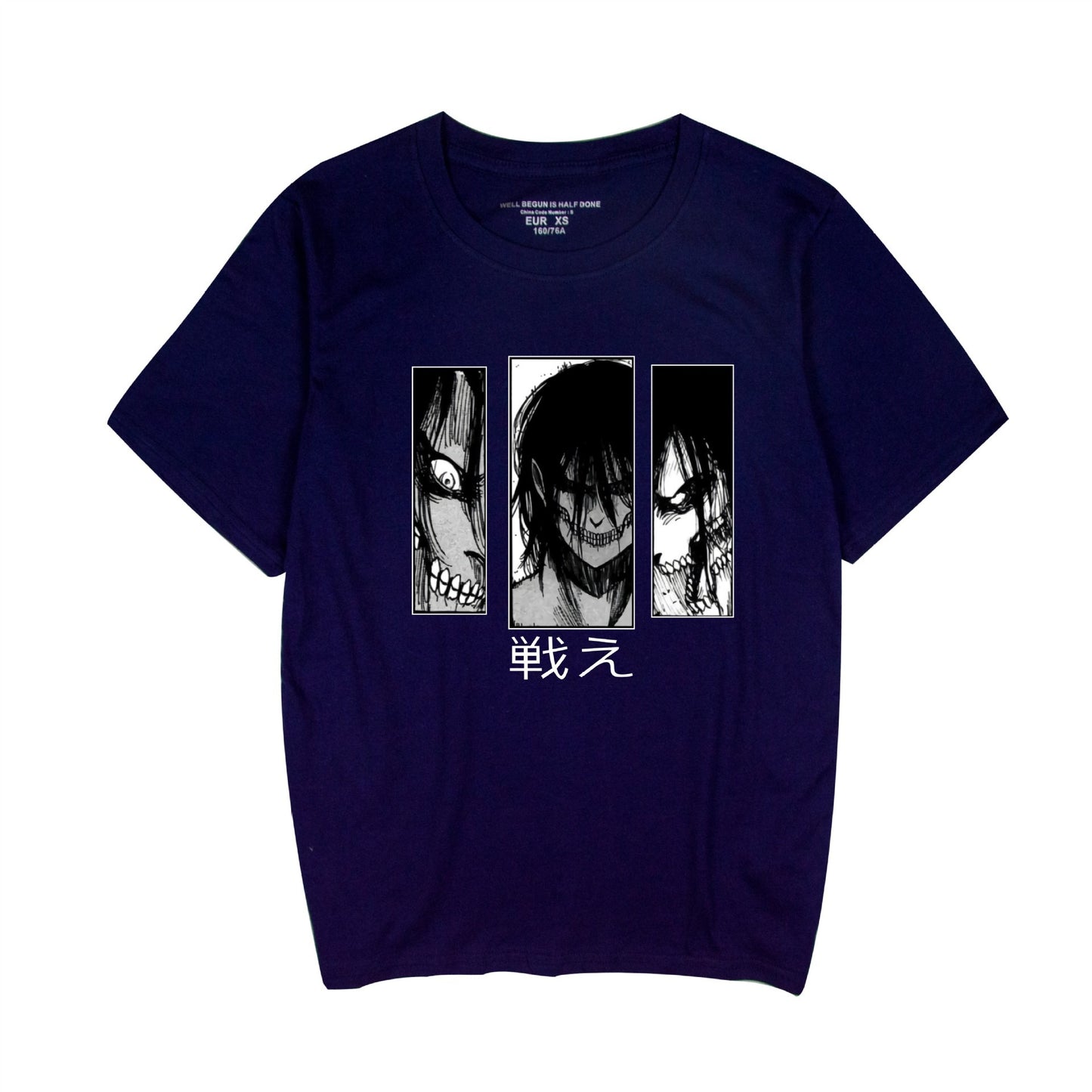 Navy blue unisex Attack on Titan graphic printed T-shirt lifestyle shot – anime streetwear fashion at TeenStylo