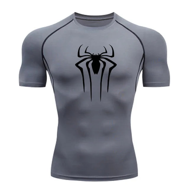 Men wearing colourful compression gym shirt in action, superhero sport fitness streetwear style at TeenStylo