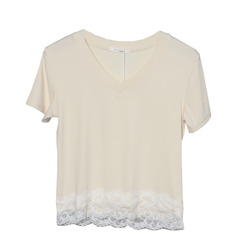 White women's V-neck short sleeve T-shirt front view, casual streetwear essential | TeenStylo
