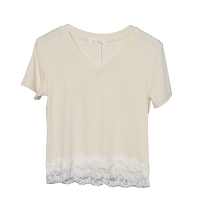 Blue women's V-neck short sleeve T-shirt front view – Y2K streetwear style | TeenStylo