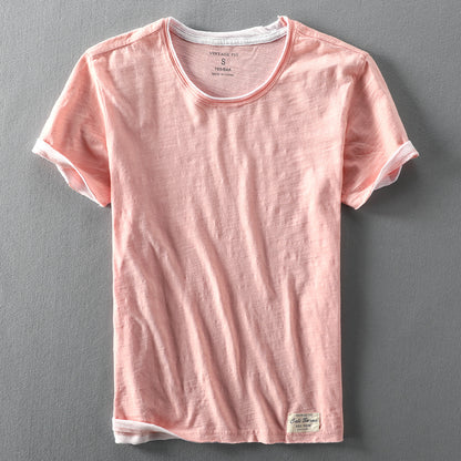 Pink mens casual cotton t-shirt lightweight summer streetwear style front view - TeenStylo