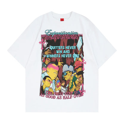 White unisex distressed cotton t-shirt with anime cartoon print, Y2K streetwear style | TeenStylo