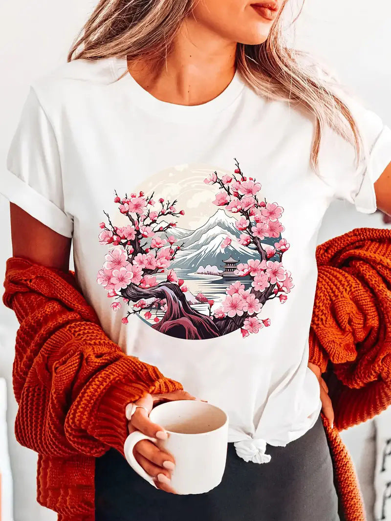 Unisex printed short sleeve t-shirt in B7 lifestyle shot, Y2K streetwear style for women at TeenStylo