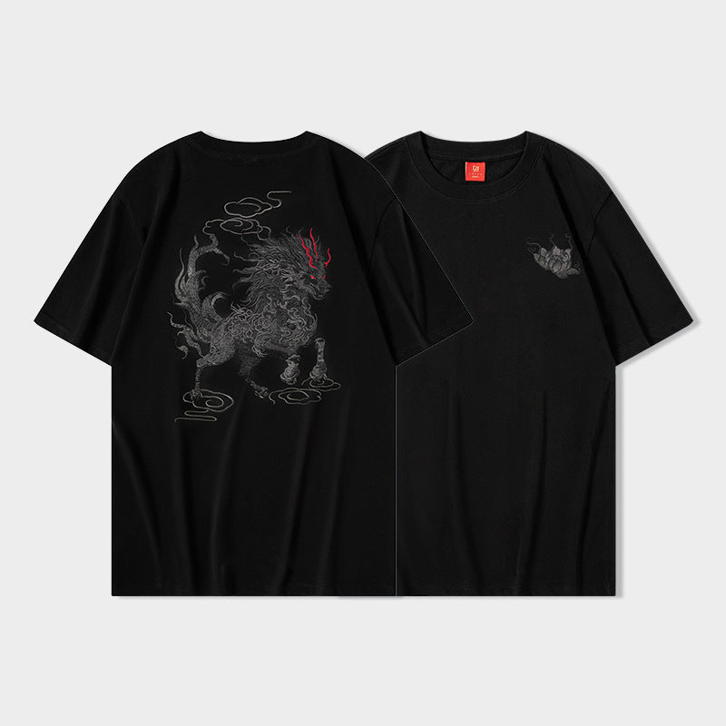 White men's Qilin auspicious cloud print t-shirt lifestyle shot streetwear style TeenStylo