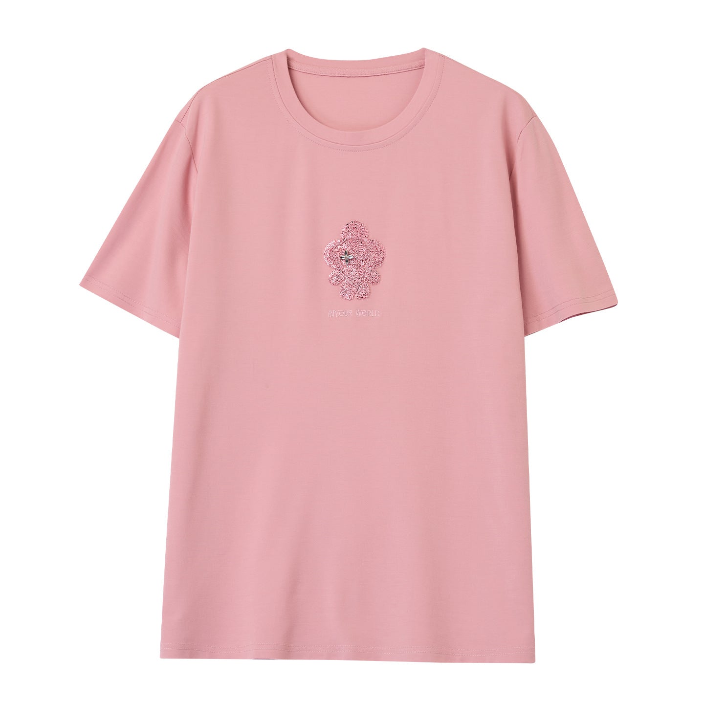 Pink embroidered short sleeve t-shirt women unisex front view Y2K streetwear style TeenStylo
