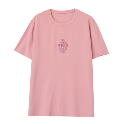 Pink embroidered short sleeve t-shirt women unisex front view Y2K streetwear style TeenStylo
