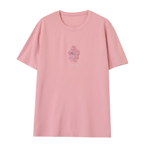 Pink embroidered short sleeve t-shirt women unisex front view Y2K streetwear style TeenStylo