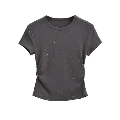 Black hot stamping short sleeve T-shirt lifestyle shot, Y2K streetwear style, unisex fit | TeenStylo
