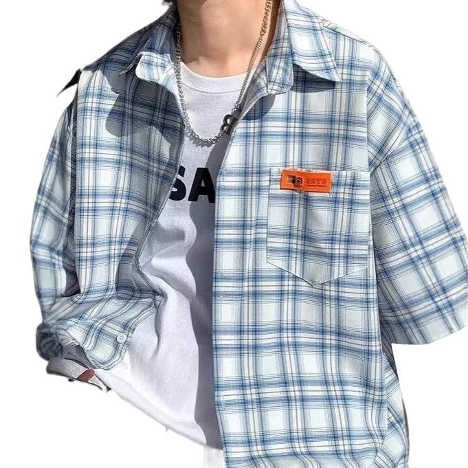 Yellow checkered short sleeve shirt for men, front view – Y2K streetwear style at TeenStylo