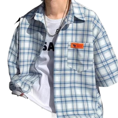 Yellow checkered short sleeve shirt for men, front view – Y2K streetwear style at TeenStylo