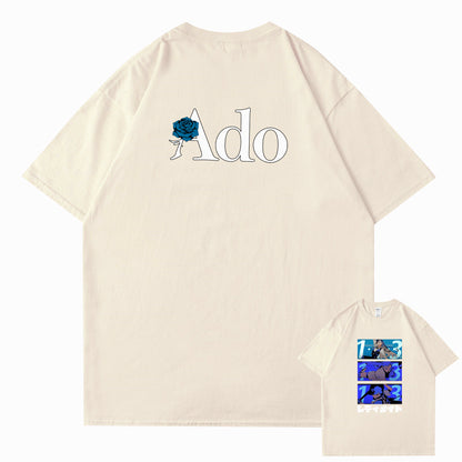 Unisex khaki Ado fans graphic tee with white text print, cute funny cotton streetwear T-shirt lifestyle shot - TeenStylo